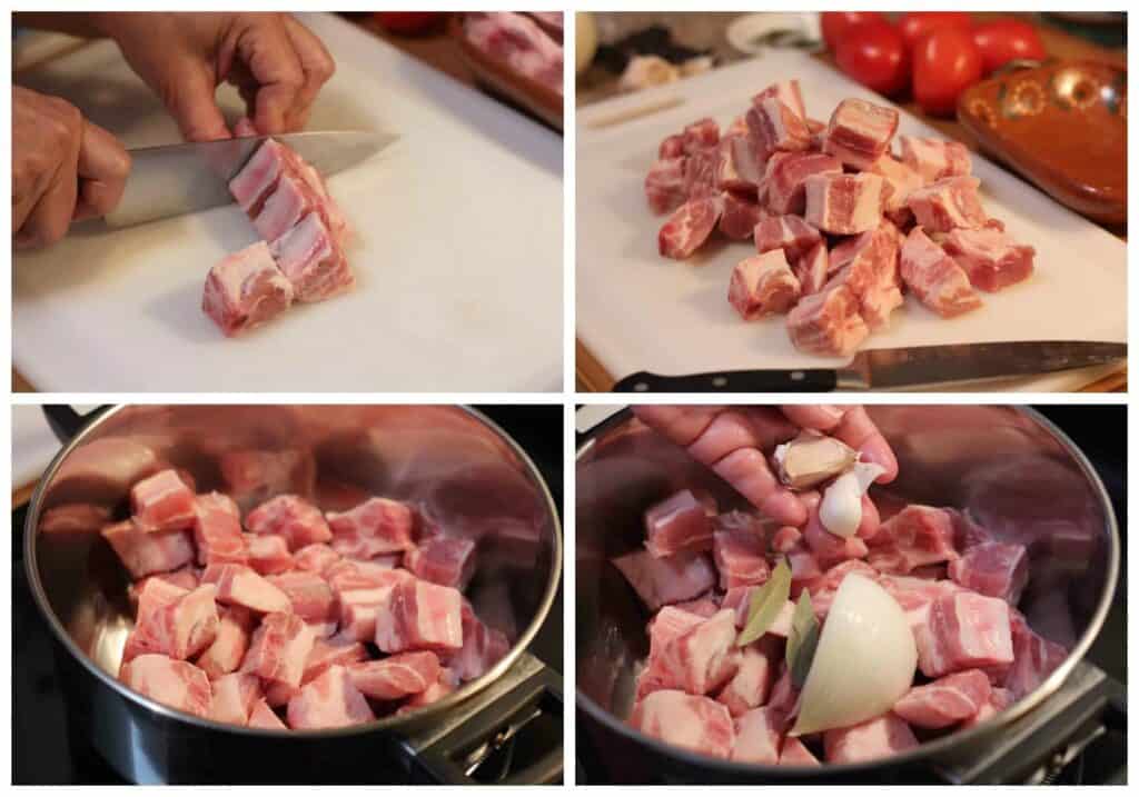 Picando las costillas de cerdo en trozos pequeños y agregándolos a la olla