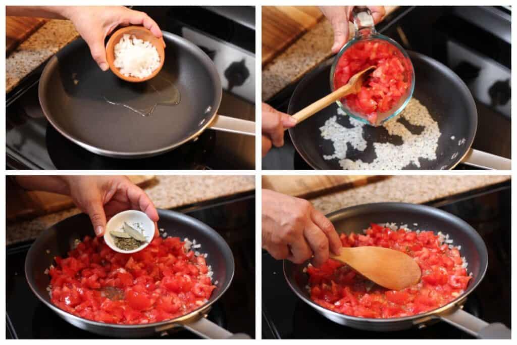 Agregando en la sartén el tomate y la cebolla