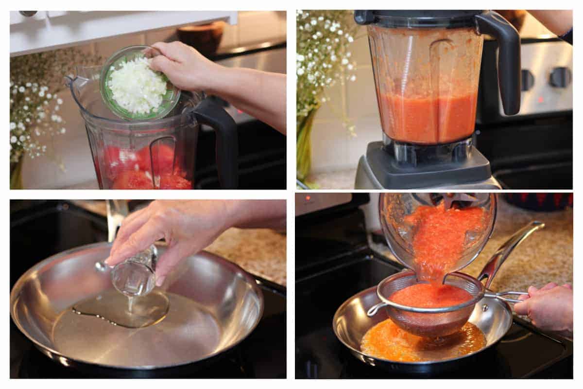 Agregando los tomates y la cebolla a la licuadora, procesando estos ingredientes. Agregando aceite a la sarten, colando la salsa licuada y añadiendola a la sarten.